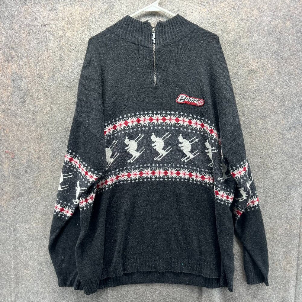 Enyce Pullover Mens XL Gray Quarter Zip Acrylic Wool Y2K Sweater Ski Fair Isle